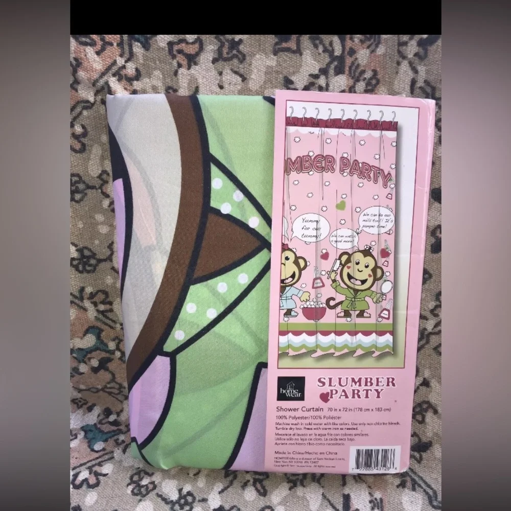 Pink Girls Teens Fabric Shower Curtain Cute Monkeys Slumber Party Girly Bathroom